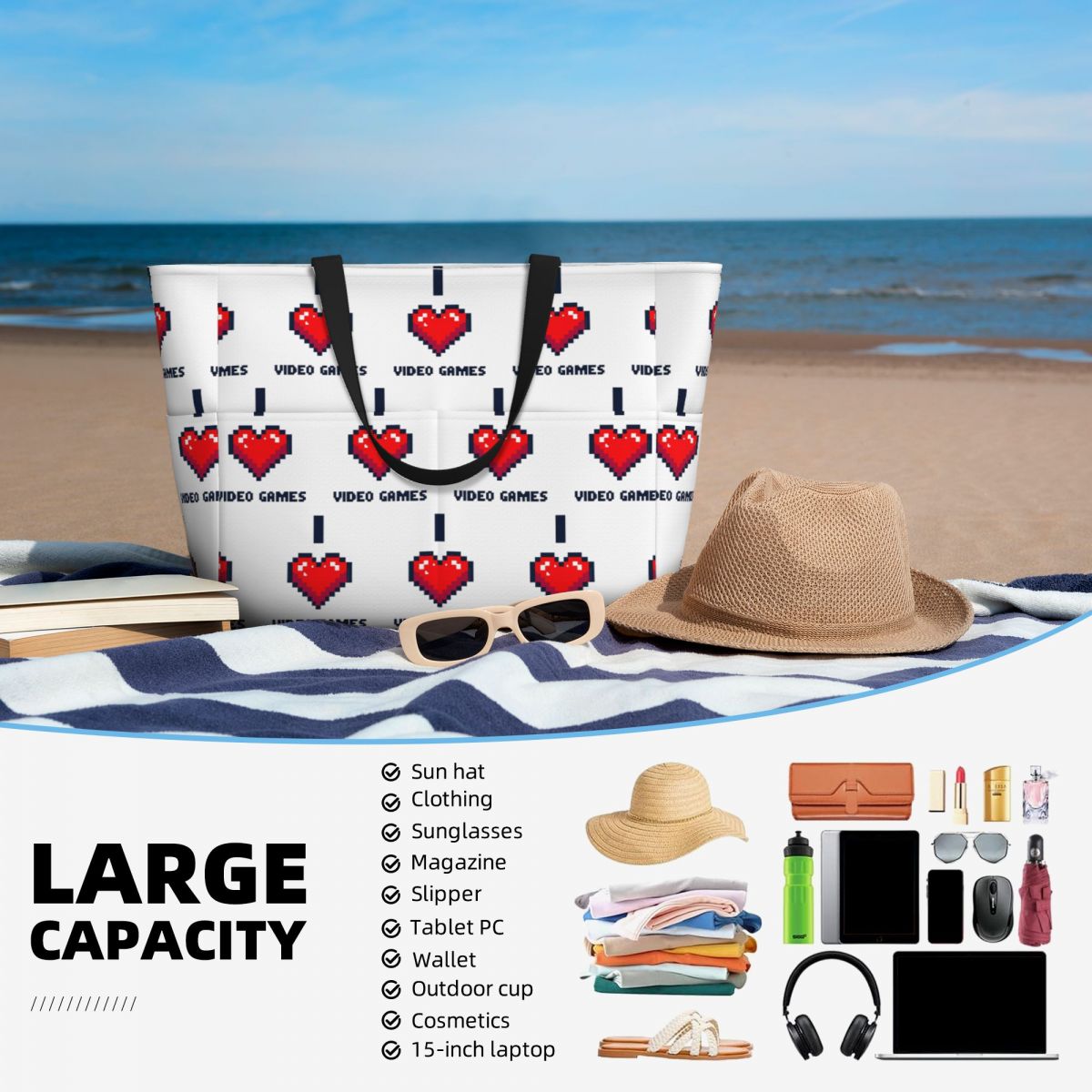 I Heart Video Games Beach Tote - Yoga Fitness Videos Free recension och pris